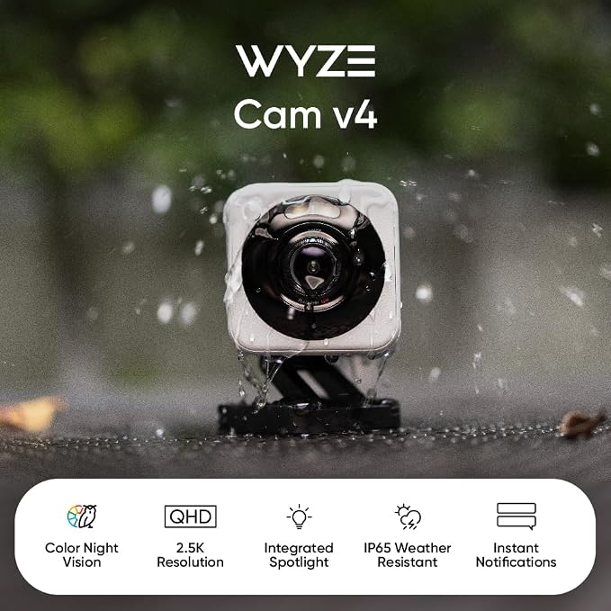 WYZE Cam v4 (Latest Model), 2.5K AI Security Camera, Indoor/Outdoor Cameras for Home Security, Baby Monitor & Pet Camera, Vibrant Color Night Vision, No Subscription Required, Free Expert Help