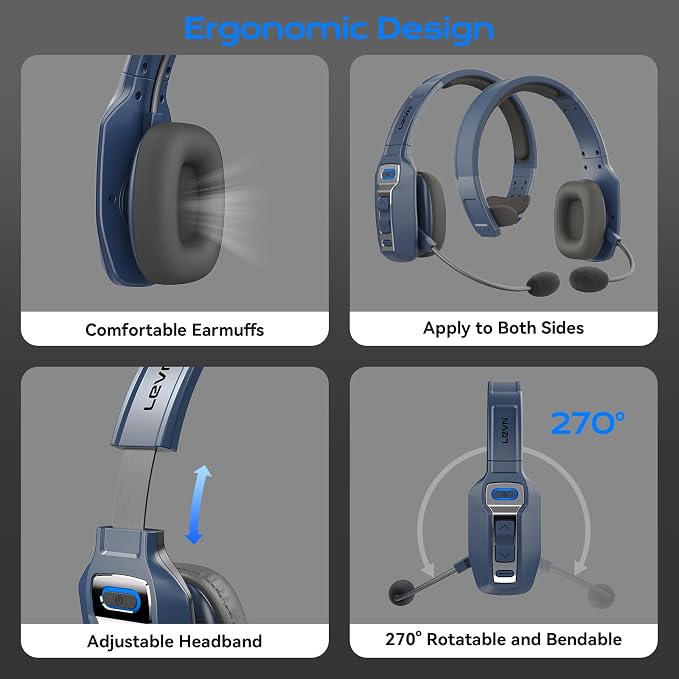 LEVN Bluetooth Headset with Microphone, Trucker Bluetooth Headset with AI Noise Cancelling & Mute Button, Wireless On-Ear Headphones 60 Hrs Working Time, for Trucker Home Office Remote Work Zoom