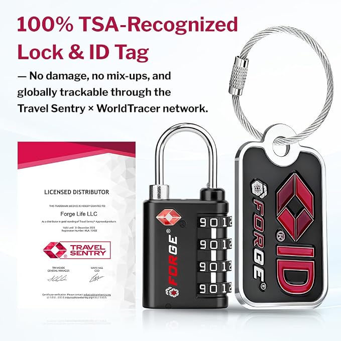 Forge Dual-Opening: Key or Combination Lock, TSA Approved Lock for Luggage, Pelican case, Travel, Gym, School, Luggage Combination Lock, Travel Bag Lock (Black 2 Locks and 2 ID)