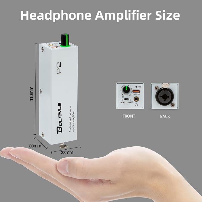 Bolanle P2 USB-C Portable in-Ear Monitor Amplifier, 5V DC/AAA Battery, XLR/TRS Input 3.5mm Output, 7-Color LED, Stereo/Mono Switch for Keyboardists, Drummers, Live Stage