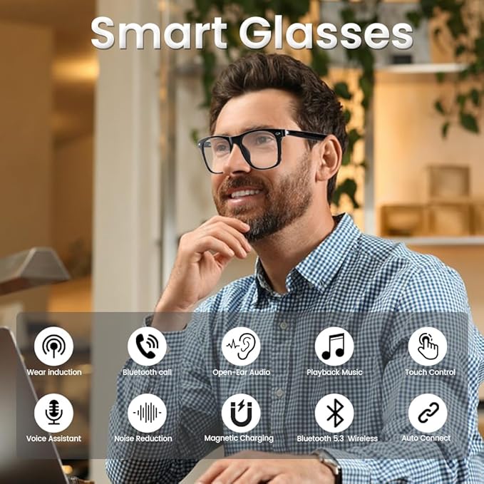 Bluetooth Audio Smart Glasses for Women Men,Blue Light Blocking Bluetooth Glasses with Open Ear Speaker,Voice Control, Hands-Free Calls & Built-in Microphone for iPhone Android Music/Work