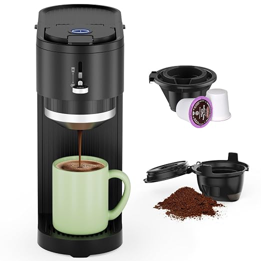 COWSAR Single Serve Coffee Maker, Two Holders for Capsule & Ground, Adjustable Funnel Height, Brew 6oz to 14oz, One-Touch Switch, Security protection, Easy to Clean, Commercial Ideal for Home/Office