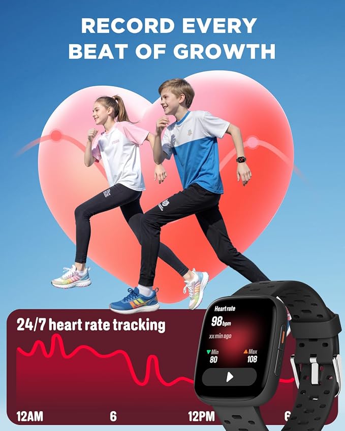 BIGGERFIVE Kids Watch No Phone Needed, 1.8" Amoled Smart Fitness Watch Pedometer, Heart Rate, Sleep Tracker, 30m Waterproof, Step Counter, Puzzle Games, 100+ Dials, Gifts for Boys Girls 5-16, Black