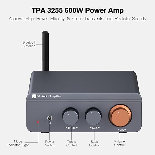 Jancane Amplifier Mini Home Audio Stereo Bluetooth 5.4 Component Amplifier, 300W x2 Wireless TPA3255 2 Channel Class D Amp, Home Outdoor Audio Amplifier with Bass Treble Control for Passive Speakers