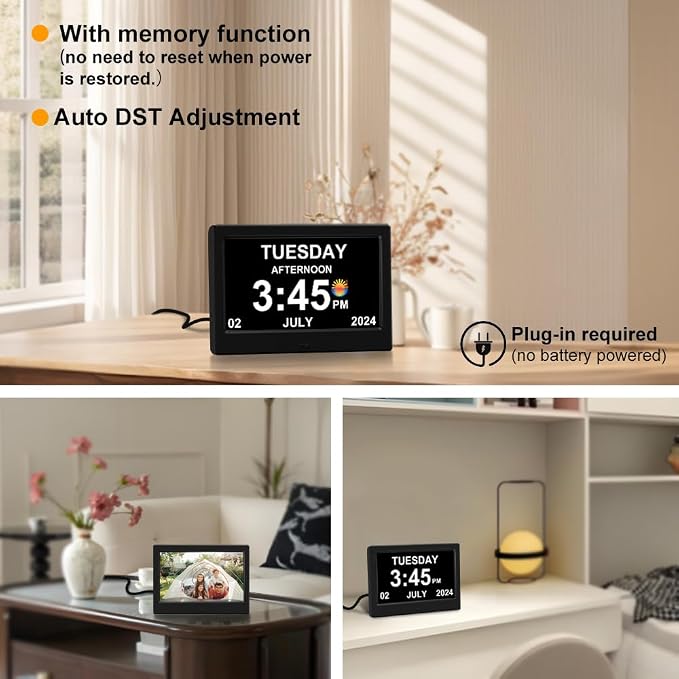 2026 Digital Clock Plug-in (No Battery), Power Outage Memory, DST Display Time, Date, Month, and Year Large-Font Clock for the Elderly, 7in Black