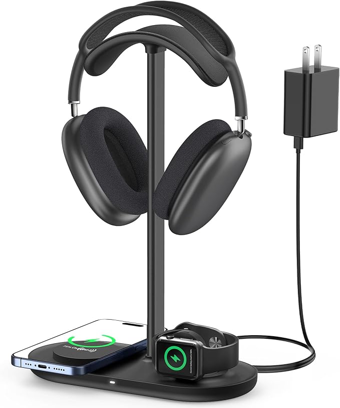 HiWe Headphone Stand, 2-in-1 Wireless Charger for iPhone/Apple Watch, Aluminum Alloy Rod, Minimalist Desk Organizer, Black