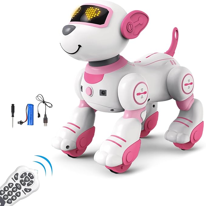 Robot Puppy Dog, Robot Puppy with Dance, Music, Light Effects, Interactive Programmable Intelligent Remote Control Dog AI Toys for Teens Adults Chrismas Birthday (Pink)
