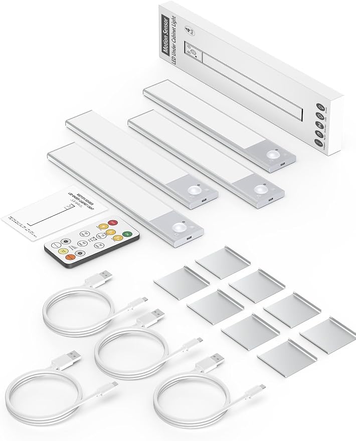 8" Ultra-Thin Under Cabinet Lighting Wireless, Aluminum Alloy Under Counter Lights for Kitchen, 3-Color-Temps Magnetic Closet Lights, Rechargeable Motion Sensor Light Indoor (4 Pack, Silver)