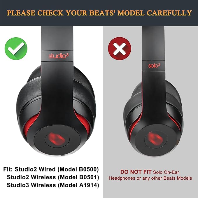 SoloWIT Replacement Ear Pads Cushions for Beats Studio 2 & Studio 3 Wired & Wireless Headphones, Earpads with Soft Protein Leather, Noise Isolation Memory Foam, Added Thickness - Red