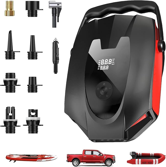 ZFOX 50PSI Paddle Board Pump, Portable Electric SUP Pump with Auto-Shutoff & Cooling Fan – Smart Inflation for Paddle Board, 9 Nozzles, HD LCD Display, 12V DC (Red-M) (Red-V2)