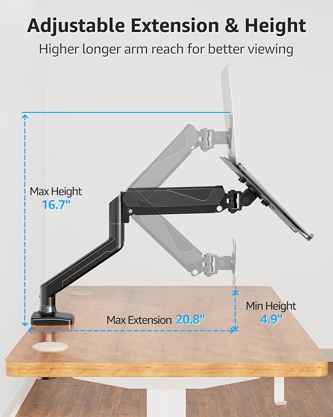 MOUNTUP Laptop Stand for Desk, Adjustable Aluminum Laptops Arm Mount for 14-17 Inch Notebook & 32" Monitor, Laptops Arm for Desk Support for 2.2-19.8lbs, 2-in-1 Laptop Desk Mount with Clamp/Grommet