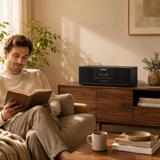 JA-318 CD Player Stereo System for Home, 36W RMS HiFi Bluetooth 5.3 CD Player with Speakers, FM Radio 40 Presets, USB/AUX Playback, LED Clock & Alarm, IR Remote Control, Modern Black Wood