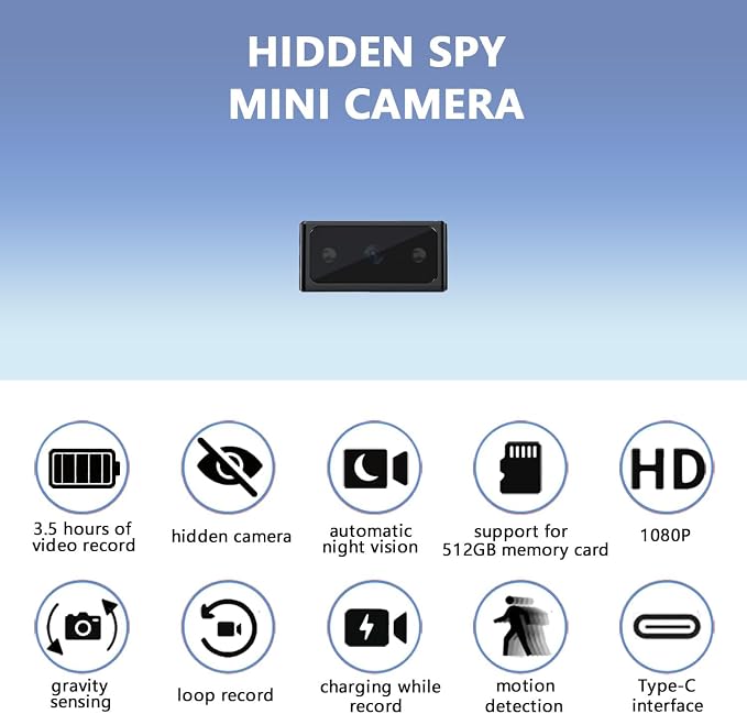 Hidden Camera Mini Spy Camera 1080P Small Security Camera, Tiny Portable Camera, Covert Nanny Cam, Indoor Home Office Security Cameras, Night Vision, Motion Detection, Gravity Sensor, Loop Record