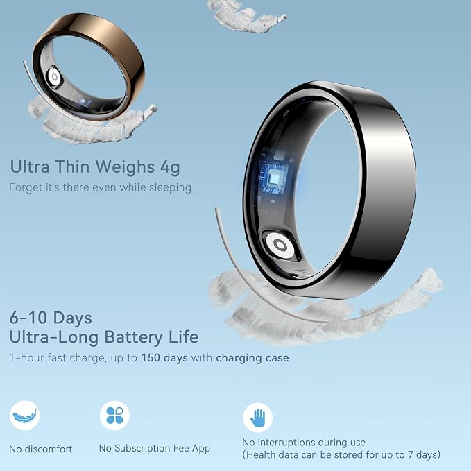 Well 1 Smart Ring for Women & Men, 10-Day Battery Life, Sleep/Stress/Heart Rate/Blood Oxygen/Fitness Health Tracker Ring, No App Subscription, iOS & Android Compatible (Light Silver, 7)