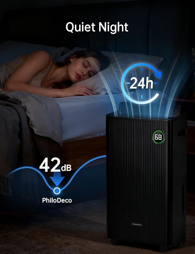 PHILODECO 4500 Sq.Ft Dehumidifier with Drain Hose Max 80 Pint, for Basement, Bathroom, Bedroom, Automatic Defrosting, Intelligent Humidity Control with 24HR Timer, Smart Quiet Dehumidifiers, Black