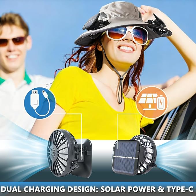 Solar Fan Hat Rechargeable 2Detachable Solar Fans,Water-Repellent Wide Brim Bucket Hat, Outdoor Camping Hiking Golf Sun Hat