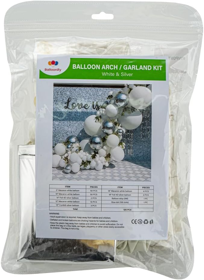 Restaurantware-Balloonify Balloon Garland Set, 1 Party Decoration Kit - 123 Balloons, With Chain, White & Silver Plastic Balloon Arch Kit, Includes Glue Dots