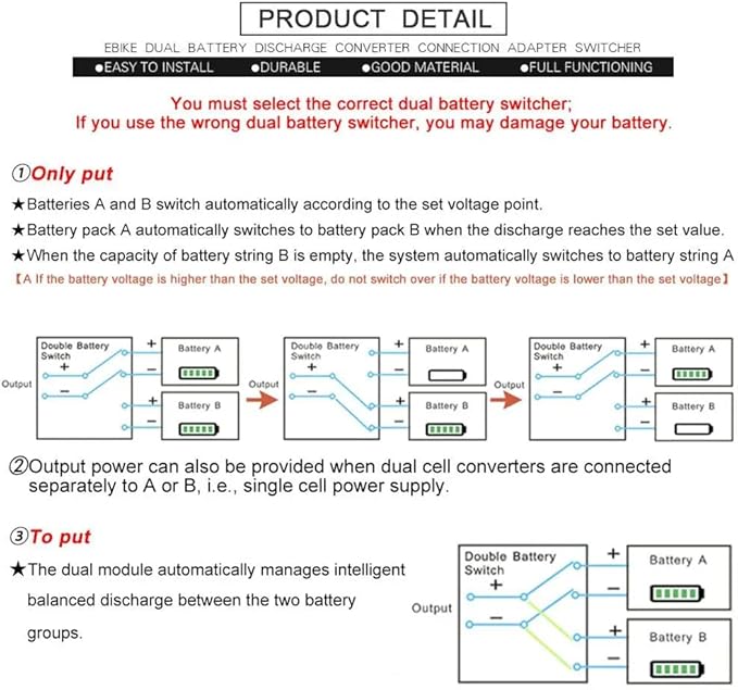 Electric Bike Dual Battery Discharge Converter 40A 24-72VDC Dual Battery Pack Switch Balancer Double Battery Parallel Module with XT60 Plug for 750w 1000w Motor