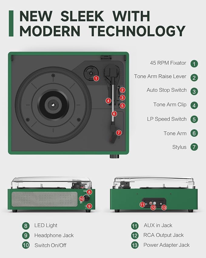 Vinyl Record Player with Speakers & Wireless Receiver Turntable for Vinyl Records 3 Speed 3 Size LP Player Portable Turn Table Vinyls Records Players Headphone AUX RCA Auto Stop New Sleek Dark Green