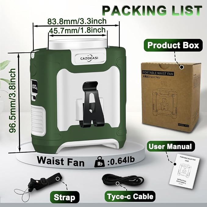 16000mAh Personal Waist Fan Portable Rechargeable Wearable Hand Free, 6-40hours Wearable Cooler for Traveling Working Outdoor Office (Green and White)