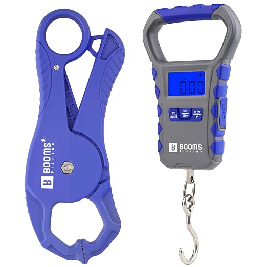 Booms Fishing Scale with Fish Gripper: Digital Fish Scale and Lip Gripper Combo - Fish Weigher with 65lbs/30kg Capacity, USB Charging, LCD Display, Memory Storage - Fishing Tools for Men, XW50
