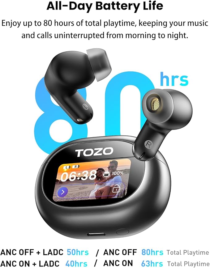 TOZO NC20 Pro Active Noise Cancelling Wireless Earbuds with Smart Touch Screen, LDAC Hi-Res Audio, Stereo Bass, 6 Mics AI Call Ear Buds, 80H Playtime, IPX8 Waterproof, 32 EQ via App, Wireless Charging