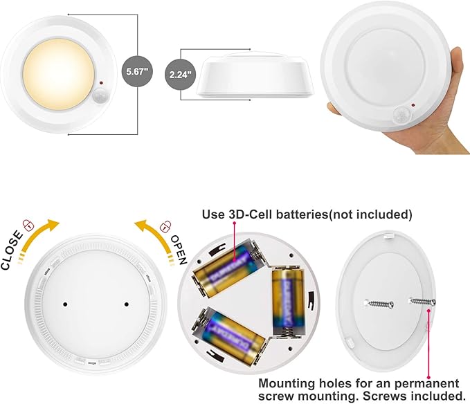 LUXSWAY Wireless Ceiling Light with RF Remote and Motion Detector, Cool Warm White Shower Light,Super Bright Battery Ceiling Light Timer for Closet Hallway Stair Gargage 5.67 Inch, 300Lumens