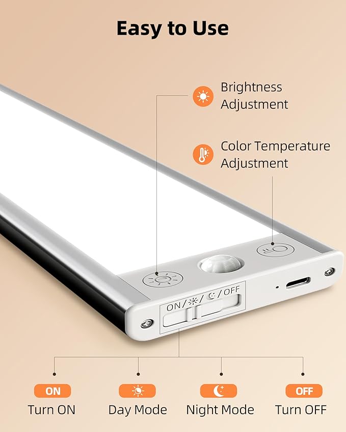 EZVALO 3000mAh Under Cabinet Lighting, 150LM Ultra Bright Motion Sensor Light, Rechargeable Magnetic Under Counter Lights for Kitchen, Dimmable Closet Light with 3-Inch Wide Panel