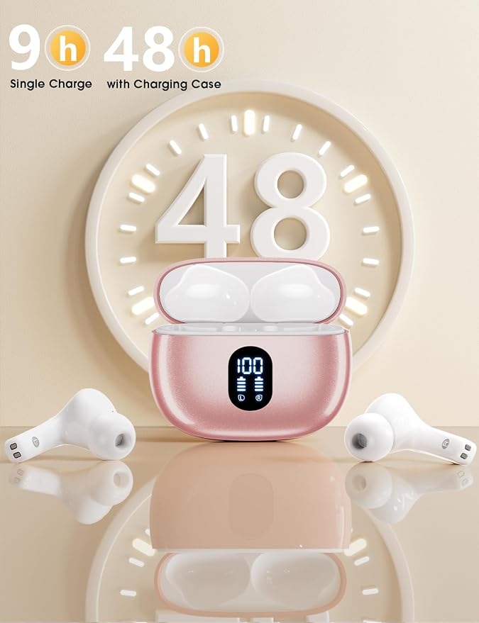 jaddsa Wireless Earbuds Bluetooth 5.3 Ear Buds, Hi-Fi Stereo Bass Ear Buds with 48H Playtime & LED Display, Lightweight in-Ear Headphones with Mic, IPX7 Waterproof, Touch Control for iPhone Rosegold