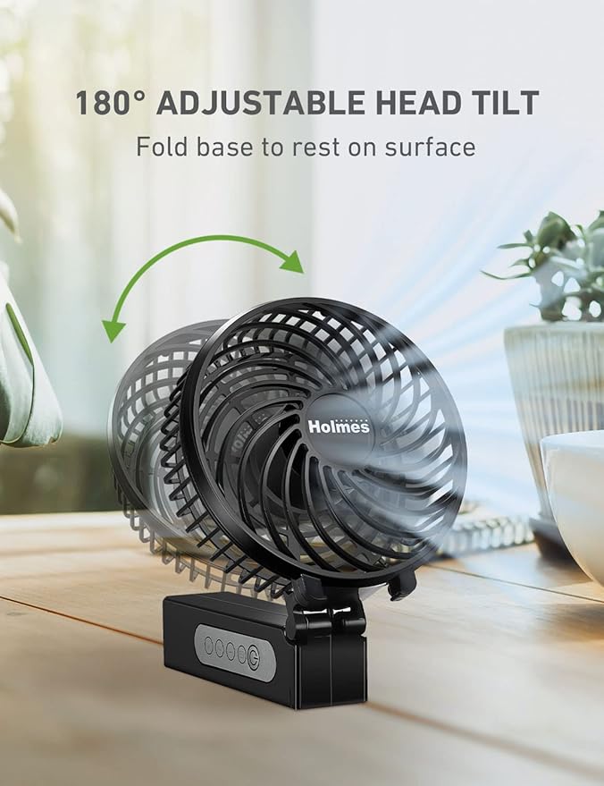 HOLMES 4" Portable, Handheld, Personal or Desk Fan, 3 Speeds, Rechargeable battery, USB-C Charging Cable, 180° Adjustable Head, Lightweight, Compact, Ideal for On-The-Go Use or Home and Office, Black