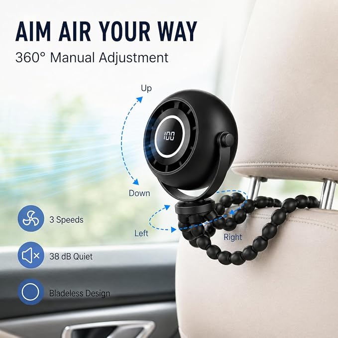 Portable Fan with Flexible Tripod, 4000mAh USB Rechargeable Mini Desk Fan with LED Display, 3 Speeds, 3 Light Modes, Clip On Quiet Small Fan for Dorm Bed Desk Stroller Camping Travel