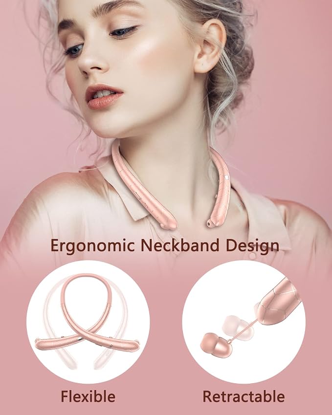 Bluetooth 5.3 Neckband Bluetooth Headphone, Sweat Resistant Noise Canceling Stereo Retractable Headphones, and Retractable Ear Tips for Music, Conference, Sports