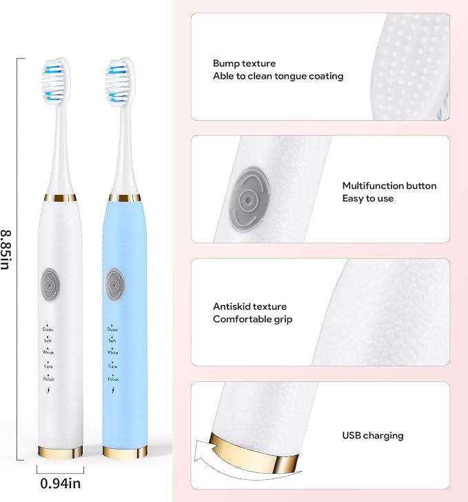 Dnil 2 Pack Electric Toothbrush for Adults and Kids, Travel Toothbrush Includes 10 Replacement Toothbrush Heads, 5 Modes with 2 MIN Smart Timer (Blue White)