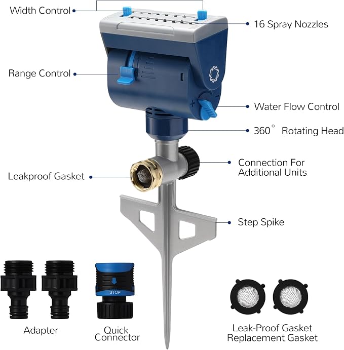 Airthereal Oscillating Sprinkler with Metal Step Spike and Quick Connect Adapter Set, Control Watering Range, Width, and Flow Rate, Covers up to 4,069 sq.ft., Blue