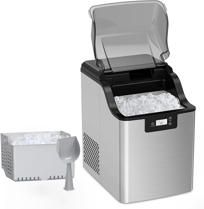 PioneerWorks Nugget Ice Makers Countertop, Portable Countertop Ice Maker Machine Self Cleaning with Pellet Soft Chewable Ice, Pebble Ice Machine for Home Kitchen Party with Ice Scoop and Basket