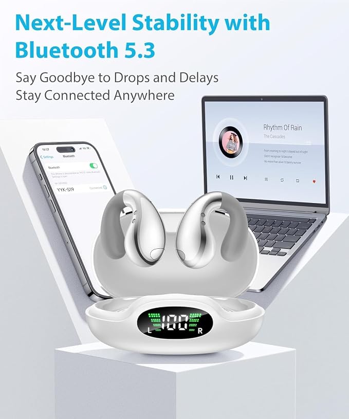 Boytond Ultra Open Ear Earbuds, Comfort Clip On Earbuds, Wireless Bone Conduction Headphones with Bluetooth 5.3, Fast Charging Fast Charging for Running, Sports, and Travel, Glaze Silver