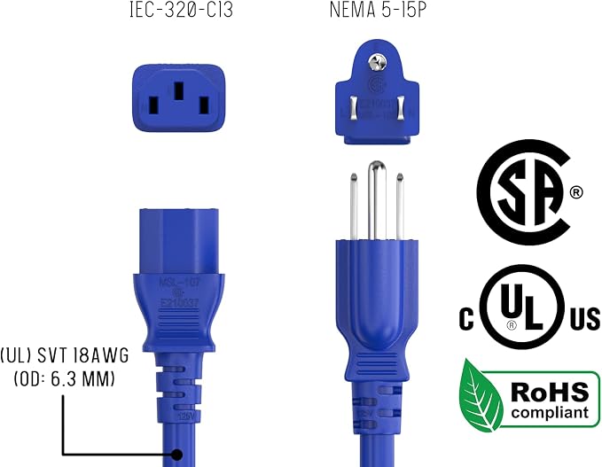 Cable Leader 4ft 14AWG Computer Power Cord, NEMA 5-15P to IEC C13 AC Power Cable, Heavy Duty 3-Prong Replacement Power Cord for PC, Monitor, Printer, Server & TV - Blue