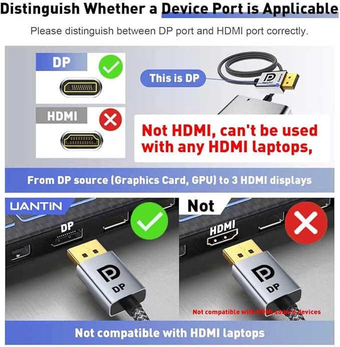 UANTIN DisplayPort to Dual HDMI with DP Splitter for 3 Monitors Extended Display Adapter 4K@60Hz 1 in 3 Out MST Hub for Multiple Monitor Display Port Compatible with NVIDIA/AMD Graphic Card