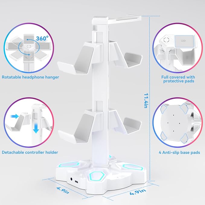 KDD Gaming RGB Headphones Stand & RGB Headphone Stand with USB Charger - Rotatable Headset Stand with 9 Light Modes - Headphone Holder with 2 USB Charging Ports and 3 AC Outlets