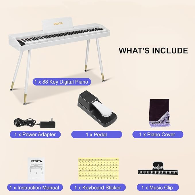 Digital Piano Keyboard 88 key,Semi-Weighted Electric Piano,Full Size Acoustic Piano for Beginners with Pedal, USB-MIDI Compatibility (White)