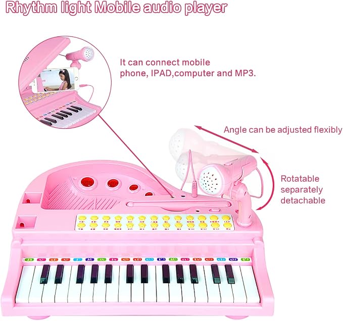 Losbenco Kids Piano Keyboard Toy, Toddler Electronic Musical Instrument Educational Toy with Microphone, Multiple Sounds, Record Playback, Lights & Stool, Birthday Gift for 3 4 5 6 7 Years Old Girls