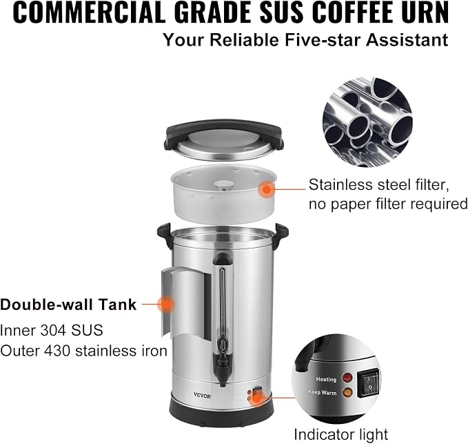 VEVOR Commercial Coffee Urn, 65Cups/9.75L Stainless Steel Large Coffee Dispenser, 1500W 110V Electric Coffee Maker Urn For Quick Brewing, Hot Water Urn with Water Gauge for Easy Viewing