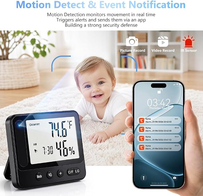 Ultra 4K HD Security Hidden Camera – Wireless Smart Indoor Hygrometer Thermometer with App Remote Control, Motion Detection, Night Vision, Temperature & Humidity Alert and Alarm Clock, Support 2.4G&5G