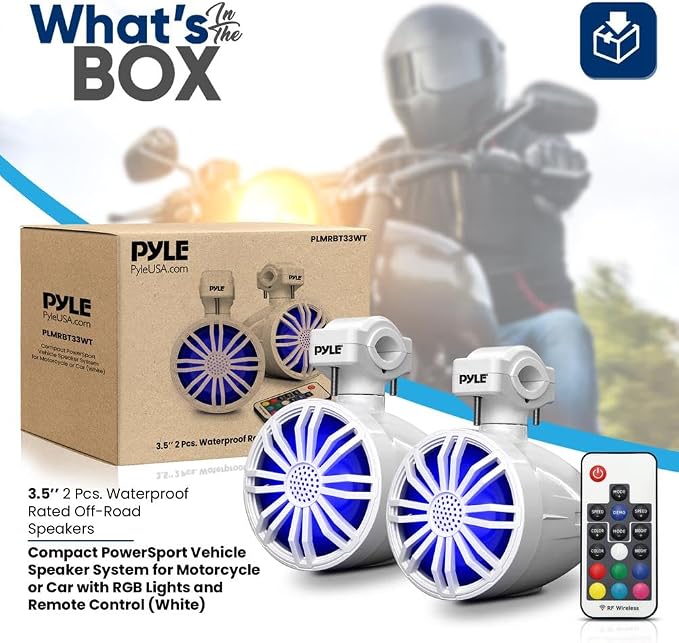 Bluetooth Waterproof Off-Road Speakers - 3.5” 40W Marine Grade Woofer Sound System w/RGB Light, Full Range Outdoor Audio Stereo Speaker for Motorcycle, ATV, Jeep, Boat, Includes Brackets (White)