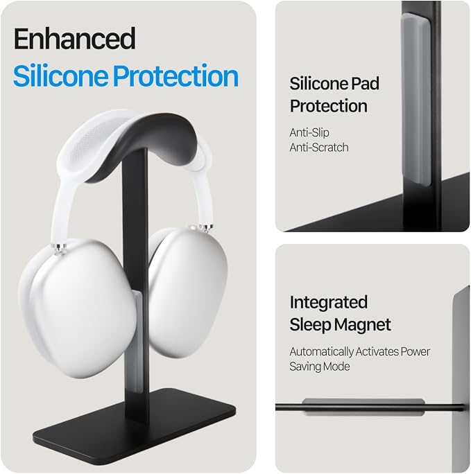 AirPods max Stand with Sleep Mode, Headphone Stand for Desk, Aluminum, Anti-Slip Base, ABS Protection, Anti-Scratch Touch Surface (Black)