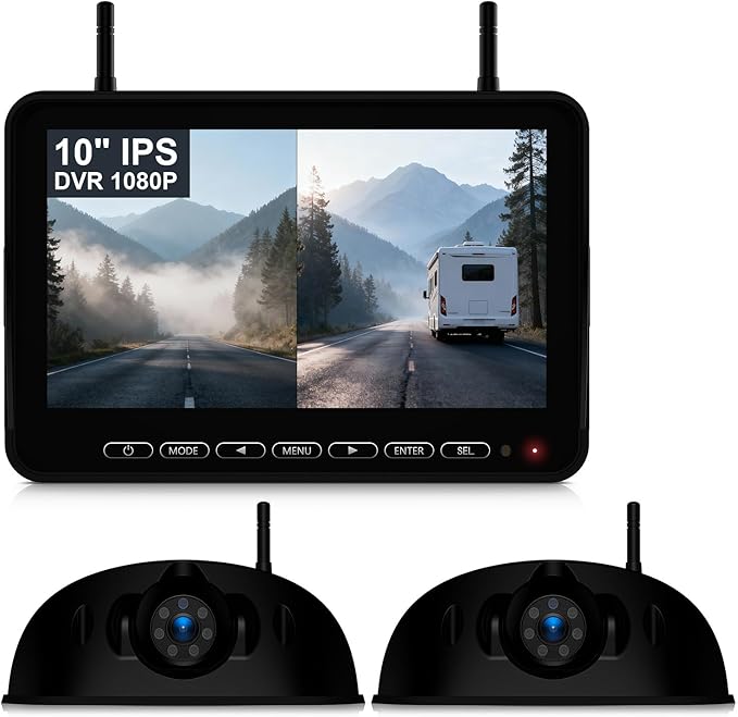 Fookoo 1080P 10" Wireless RV Backup Camera System for Furrion Pre-Wired RV Truck Trailer, 10" HD IPS Monitor & 2 Rear View Cameras, Dual Split Screen IR Night Vision Recording Waterproof - D10Y2