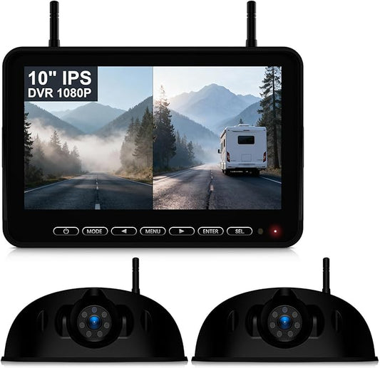 Fookoo 1080P 10" Wireless RV Backup Camera System for Furrion Pre-Wired RV Truck Trailer, 10" HD IPS Monitor & 2 Rear View Cameras, Dual Split Screen IR Night Vision Recording Waterproof - D10Y2