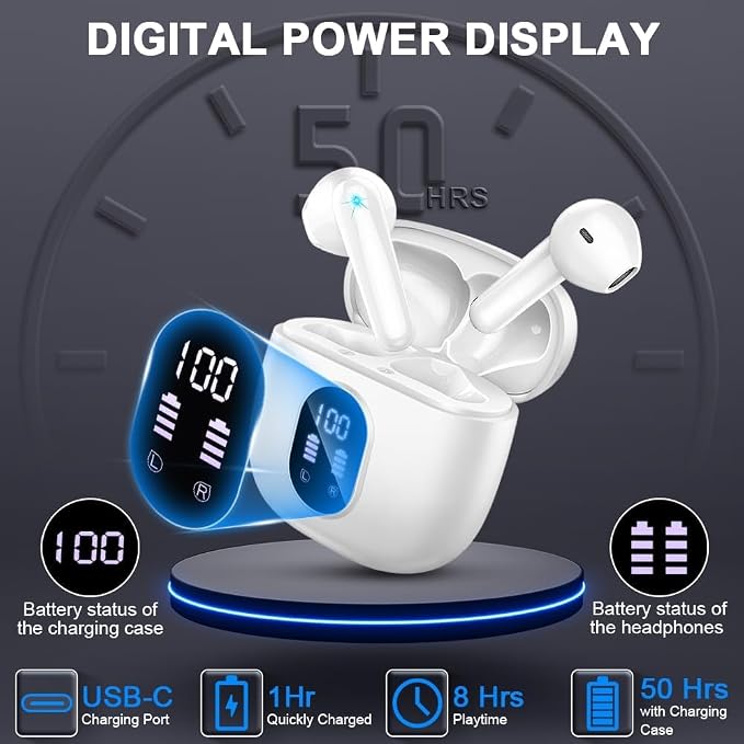 Wireless Earbuds, Bluetooth 5.4 Headphones 50H Playback Bass Stereo Ear Buds with 4 ENC Cancelling Mics, in-Ear Earphones with LED Display, IP7 Waterproof USB-C for Laptop Pad Phones Workout Rose Gold