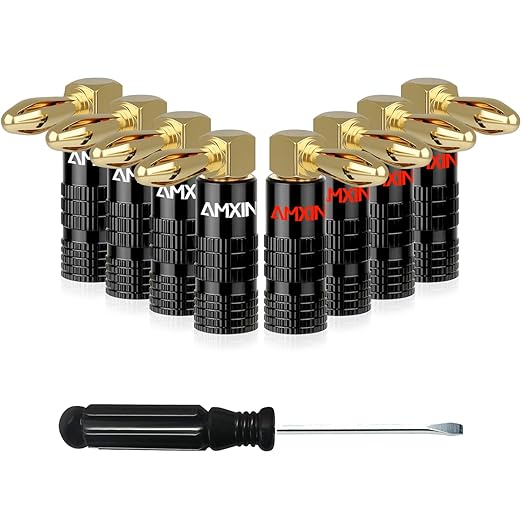 90 Degree Banana Plugs for Speaker Wire (4 Pairs, 8 Pieces), 4mm Pin Plug Screw Type, 24K Gold Plated Connectors for Speaker Wire, Home Theater, A/V Receiver, and Sound Systems