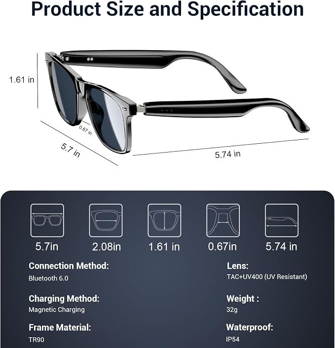 Blackview Smart Glasses, Polarized Bluetooth Sunglasses with Speaker, Voice Control, UV Protection, Anti Blue Light Lens